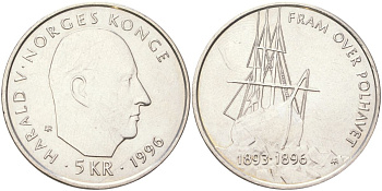 Норвегия 5 крон 1996 100 лет Норвежской полярной экспедиции Нансена, Харальд V (1991-) KM 459 медно-никель aUNC 4123-744