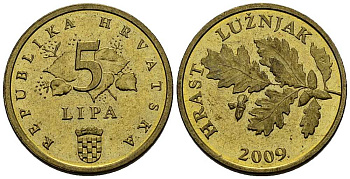 Хорватия 5 лип 2009 дуб, легенда на хорватском KM 5 сталь плакированная латунью 211-824