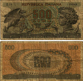 Италия 500 лир 1966 20 июня 1966 Pick 93а бумага 7222-32-3-1