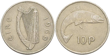 ИРЛАНДИЯ 10 ПЕНСОВ 1969 ЛОСОСЬ KM 23 медно-никель 215-711