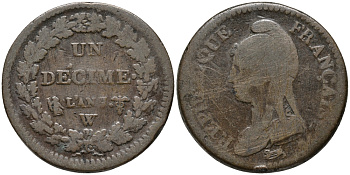 ФРАНЦИЯ 1 ДЕСИМЕ L'AN 7 W KM 645.9 (С137а.9) бронза 32-1012