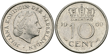 Нидерланды 10 центов 1969 Юлиана (1948-1980) KM 182 никель 96-416