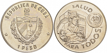 Куба 1 песо 1988 40 лет Всемирной организации здравоохранения KM 258 медно-никель UNC 1526-841 M36-10