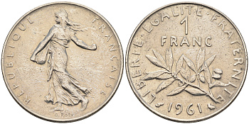 Франция 1 франк 1961 сеятель KM 925.1 никель    4177-234