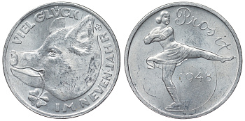 Австрия жетон 1948 удачи в новом году, свинья с клевером и фигуристка алюминий 4121-412