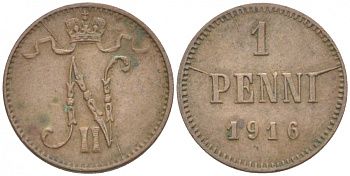 РОССИЯ ДЛЯ ФИНЛЯНДИИ 1 ПЕННИ 1916 НИКОЛАЙ II (1895-1917) KM 13, Биткин 476 медь 211-1032