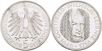 ФРГ 5 марок 1966 D, 250 лет со дня смерти Готфрида Вильгельма Лейбница J. 394, KM 119.1 серебро UNC 650-1244