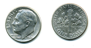 США 10 ЦЕНТОВ = 1 ДАЙМ 1976 D, РУЗВЕЛЬТ KM 195а медь плакированная медно-никелем 54-342