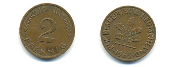 ФРГ 2 ПФЕННИГА 1963 J KM 106, J.381 бронза 176-667
