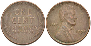 США 1 ЦЕНТ 1957 D, ЛИНКОЛЬН KM А132 медь цинк 218-319