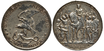 Пруссия 2 марки 1913 A, Вильгельм II (1888-1918), 100 лет победы над Наполеоном J.109, Weege 109, KM 532 серебро 3711-932