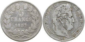 Франция 5 франков 1837 W, Луи Филипп I (1830-1848) KM 749.13 серебро 1066-6-46