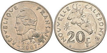 Французская Новая Каледония 20 франков 2007 три быка, (IEOM) KM 12a, Schoen 14a медно-никель 4131-825