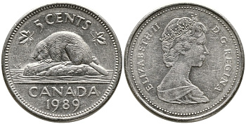 Канада 5 центов 1989 Елизавета II (1952-2022), бобер KM 60.1 никель 4543-636