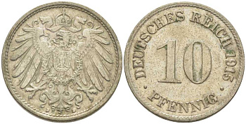 ГЕРМАНИЯ 10 ПФЕННИГОВ 1915 D KM 12, J. 13, Weege 8 медно-никель 212-316