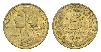 Франция 5 сантимов 1980 тип Morlon KM 933, Le Franc 125.16 алюминиевая бронза 4630-335