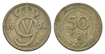 Швеция 50 эре 1924 W, Густав V (1907-1950) KM 796 никель латунь 4701-1213