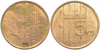 НИДЕРЛАНДЫ 5 ЦЕНТОВ 1984 БЕАТРИКС KM 202 бронза UNC 3856-523