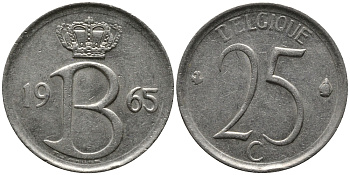 Бельгия 25 сантимов 1965 Belgique, Бодуэн I (1951-1993) KM 153.1 медно-никель 99-415