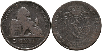 БЕЛЬГИЯ 2 САНТИМА 1874 BELGES KM 35.1 медь 4397-141