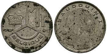 Бельгия 1 франк 1990 Belgique, Бодуэн I (1951-1993) KM 170 нержавеющая сталь 4136-738