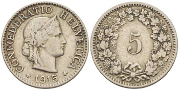 ШВЕЙЦАРИЯ 5 РАППЕНОВ 1915 В KM 26 медно-никель 3955-1131