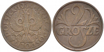 ПОЛЬША 2 ГРОША 1934 w KM 9а бронза XF 112-1146