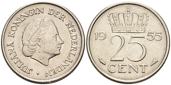 Нидерланды 25 центов 1955 Юлиана (1949-1980) KM 183 никель    4174-643