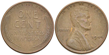 США 1 цент 1944 Линкольн KM А132 медь цинк 218-162