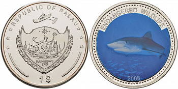 Палау 1 доллар 2008 серия вымирающие виды, синяя акула, цветная эмаль KM 201 медно-никель PROOF 04-136-23
