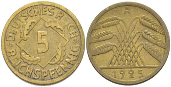 Германия 5 рейхспфеннигов 1925 A KM 39, J. 316, Weege 7 алюминиевая бронза 206-769