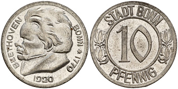 Германия, Бонн 10 пфеннигов 1920 Бетховен, Северный Рейн-Вестфалия, нотгельд Funck 51.1A железо 08-945