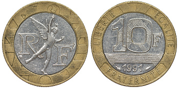 Франция 10 франков 1991 тип гений Бастилии KM 964.1, Le Frank 375.6 биметалл 45-844