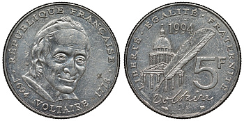 Франция 5 франков 1994 300 лет со дня рождения Вольтера KM 1063, Le Franc 344.2 медно-никель плакированный никелем 4123-246