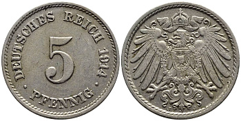 ГЕРМАНИЯ 5 ПФЕННИГОВ 1914 J KM 11, Jager 12, Weege 6 медно-никель 4547-544