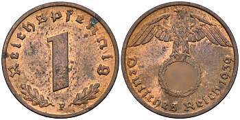 Германия 1 рейхспфенниг 1939 F KM 89, J. 361 бронза 4147-1222