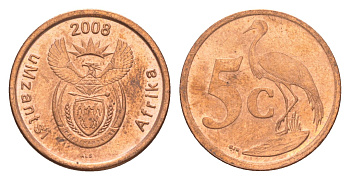 ЮАР 5 центов 2008 герб, райский журавль KM 440 сталь плакированная медью UNC 4621-727