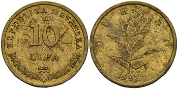 Хорватия 10 лип 1997 табак обыкновенный, легенда на хорватском KM 6 сталь плакированная латунью 4154-626