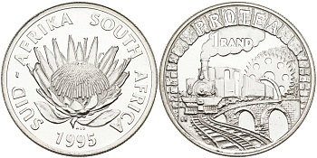 ЮАР 1 ранд 1995 100 ЛЕТ ЖЕЛЕЗНОЙ ДОРОГЕ ПРЕТОРИЯ - ДЕЛАГОА KM 152 серебро UNC 00-00