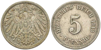 ГЕРМАНИЯ 5 ПФЕННИГОВ 1913 А KM 11, J. 12 медно-никель 206-1232