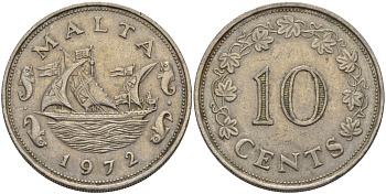 Мальта 10 центов 1972 баржа Великого магистра KM 11 медно-никель 82-425