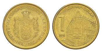 Сербия 1 динар 2014 KM 54 сталь плакированная латунью UNC 4647-138