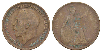Великобритания 1 пенни 1916 Георг V (1910-1936) KM 810, Spink 4051 бронза 4634-925