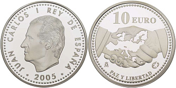 Испания 10 евро 2005 M, 60 лет миру и свободе в Европе KM 1065 серебро PROOF 02-040-22