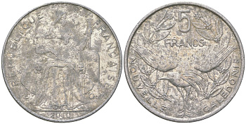 Французская Новая Каледония 5 франков 2010 птица кагу, (IEOM) KM 16, Schoen 12, Lec 81k алюминий 4111-433