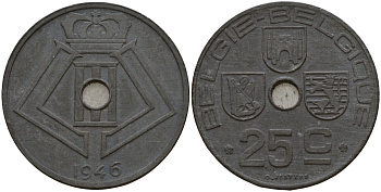 Бельгия 25 сантимов 1946 Belgie - Belgique, Леопольд III (1934-1947), германская оккупация, Вторая мировая война KM 132 цинк 4157-645