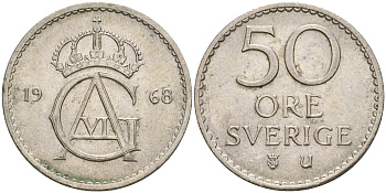 Швеция 50 эре 1968 U, Густав VI Адольф (1950-1973) KM 837 медно-никель 4364-3643