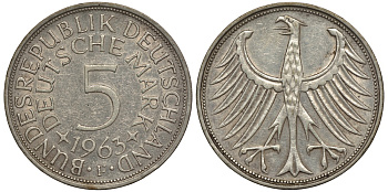 ФРГ 5 марок 1963 F, J. 387, KM 112.1 серебро 603-1243