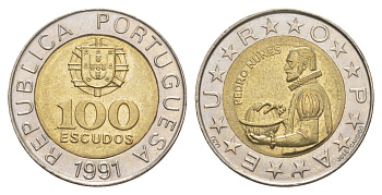 Португалия 100 эскудо 1991 Педру Нуниш (1502-1578), математик KM 645 биметалл aUNC 4388-326