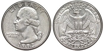 США 25 центов (квотер) 1993 P, Вашингтон KM А164а медь плакированная медно-никелем 259-454